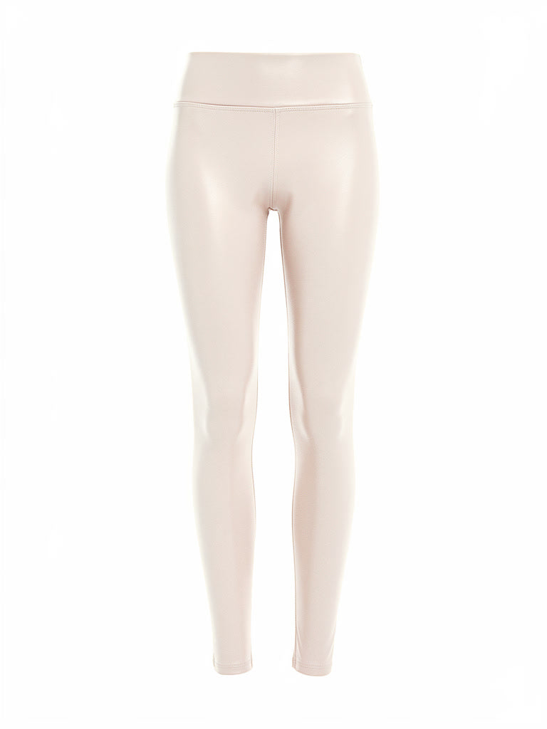 Almond leather-look leggings shown front on, high waistband and ankle length