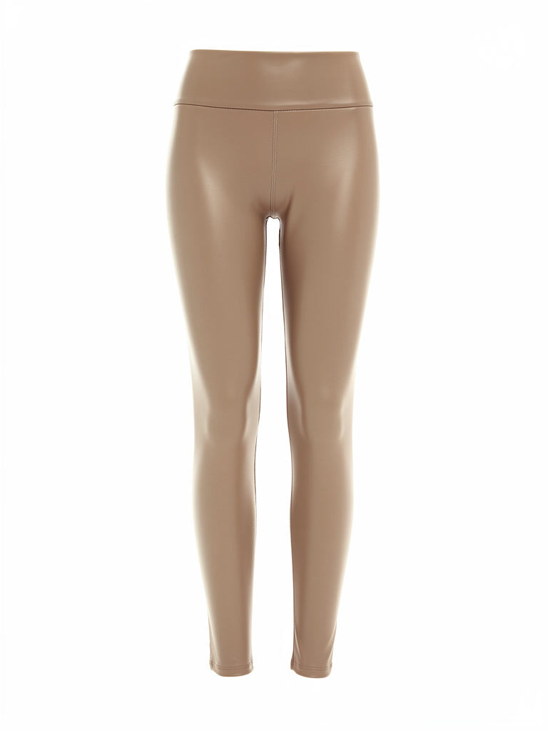 Biscuit leather-look leggings shown front on, high waistband and ankle length