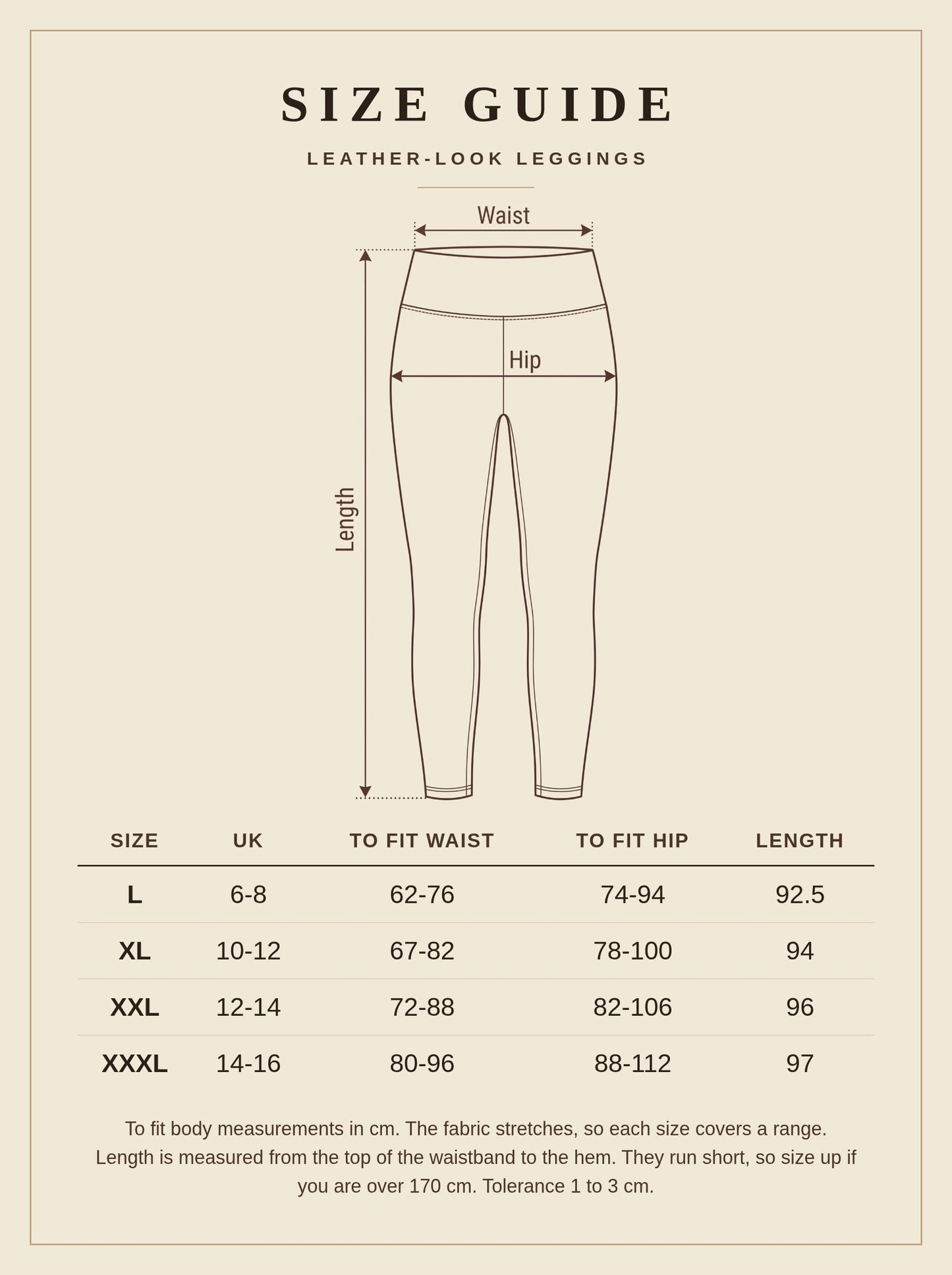 Leather-look leggings size guide with UK sizes, waist, hip and length in centimetres