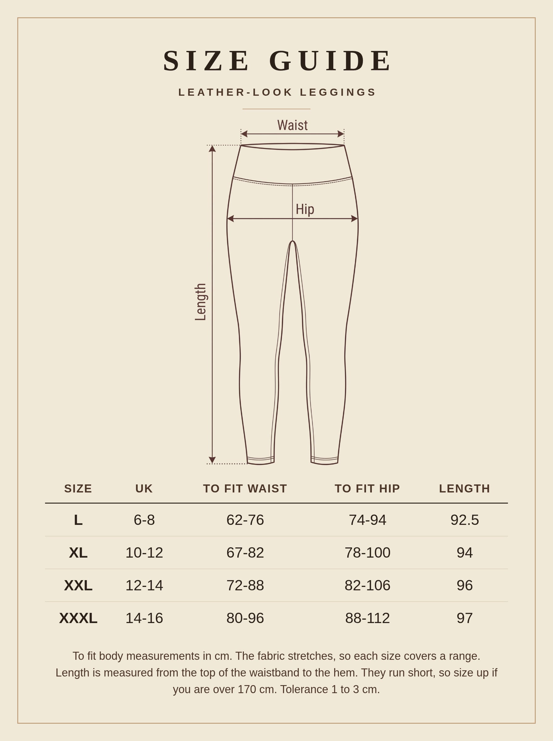 Leather-look leggings size guide with UK sizes, waist, hip and length in centimetres