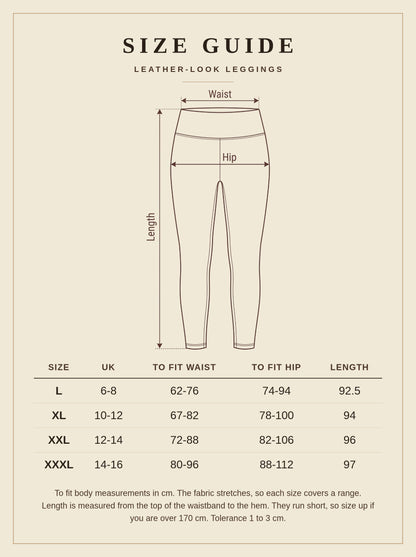 Leather-look leggings size guide with UK sizes, waist, hip and length in centimetres
