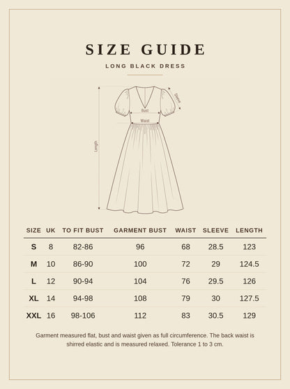Size guide for the long black dress, sizes S to XXL with measurements in centimetres