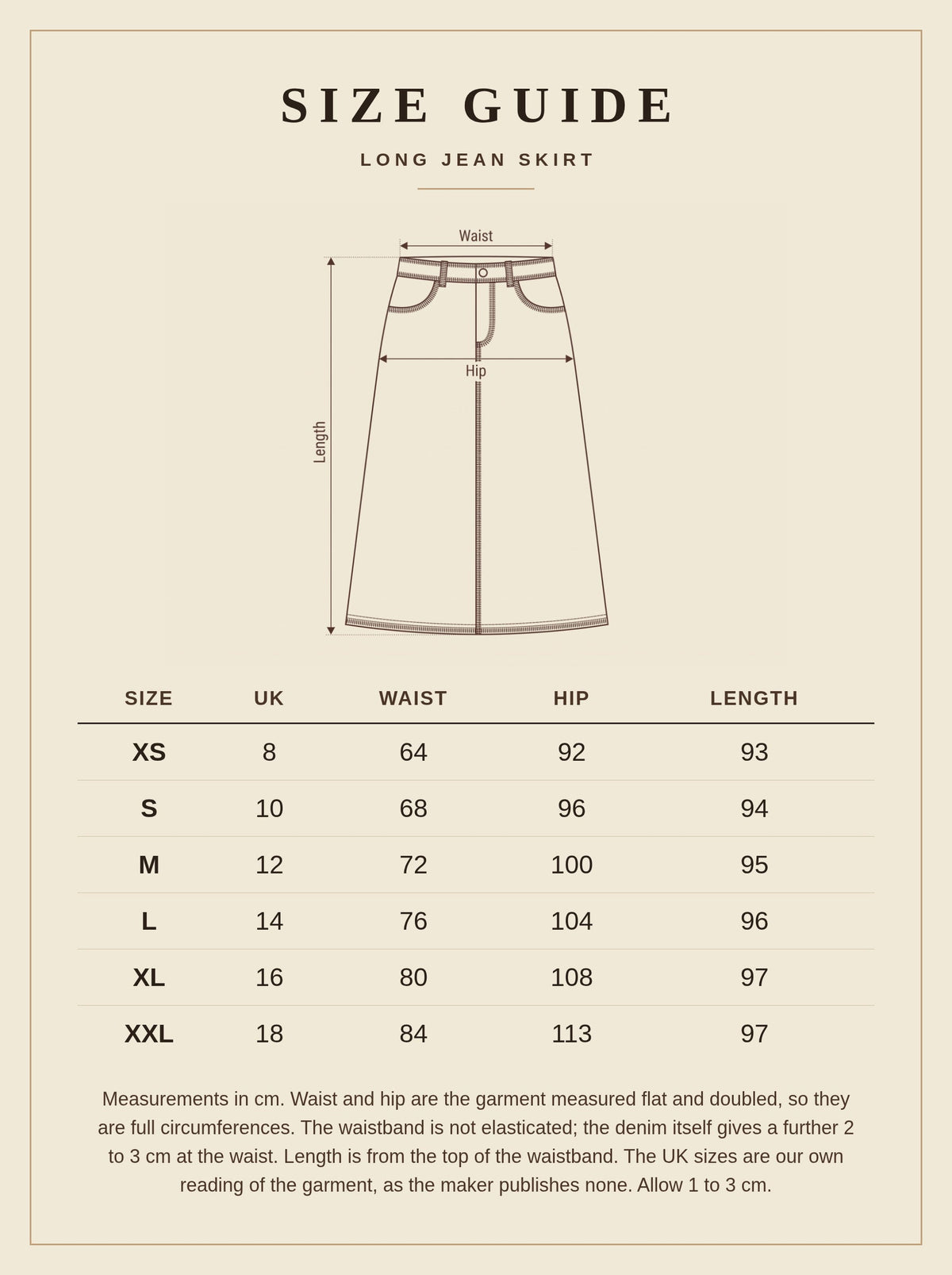 Size guide for the long jean skirt, with waist, hip and length measurements in centimetres for sizes XS to XXL