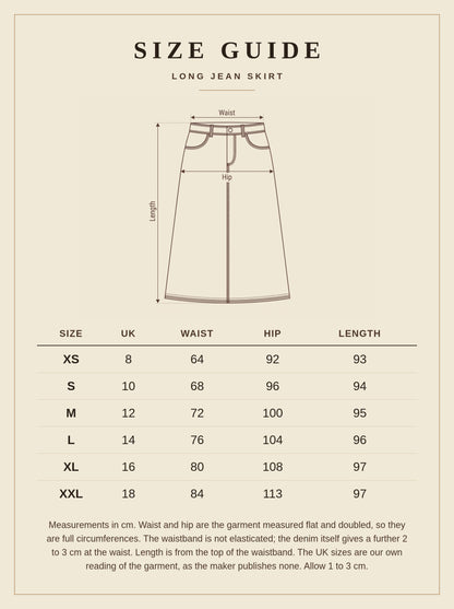 Size guide for the long jean skirt, with waist, hip and length measurements in centimetres for sizes XS to XXL