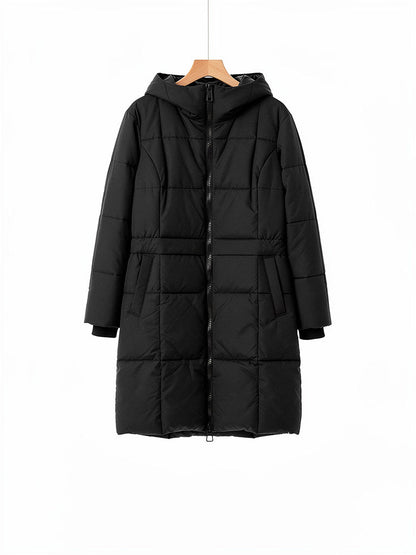 Long puffer coat in Black on a hanger, hooded, front view