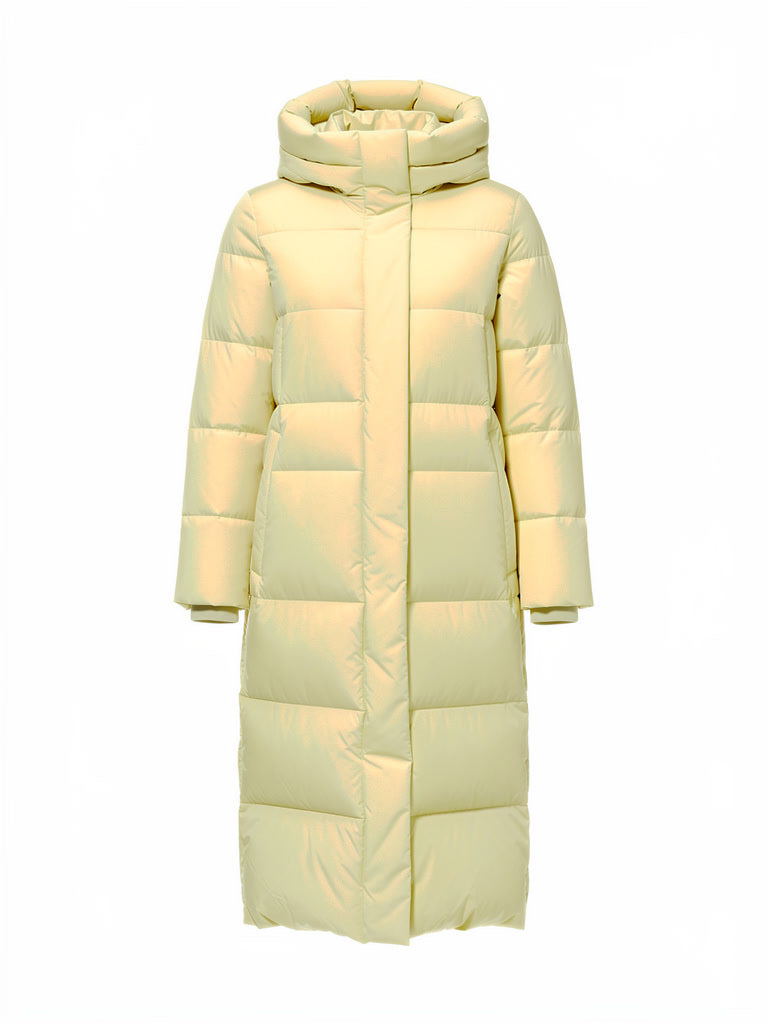 Long puffer coat in Butter, hooded, front view