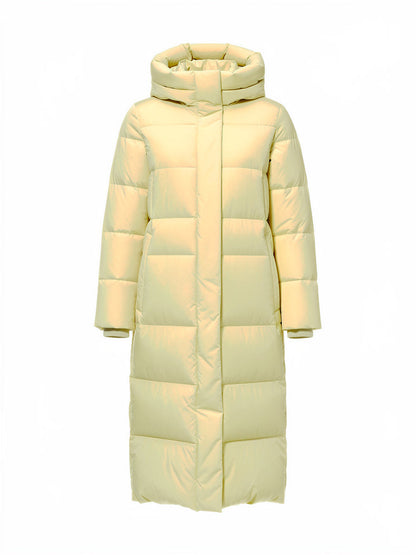 Long puffer coat in Butter, hooded, front view