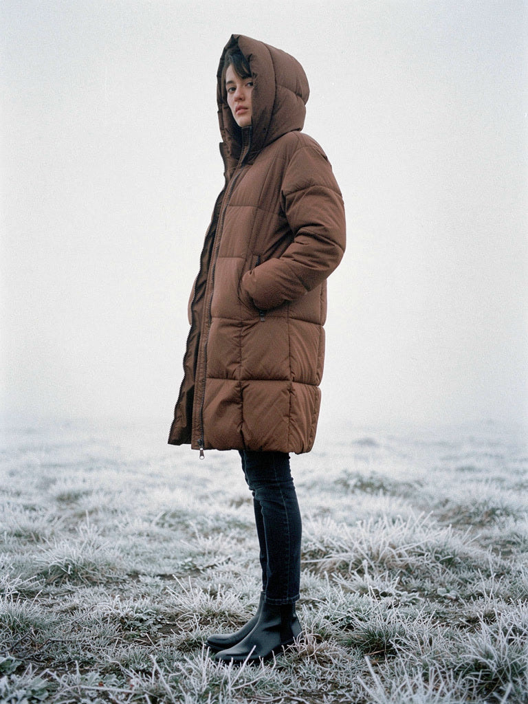 Woman wearing a brown puffer coat with the hood up on a frosted field in winter fog