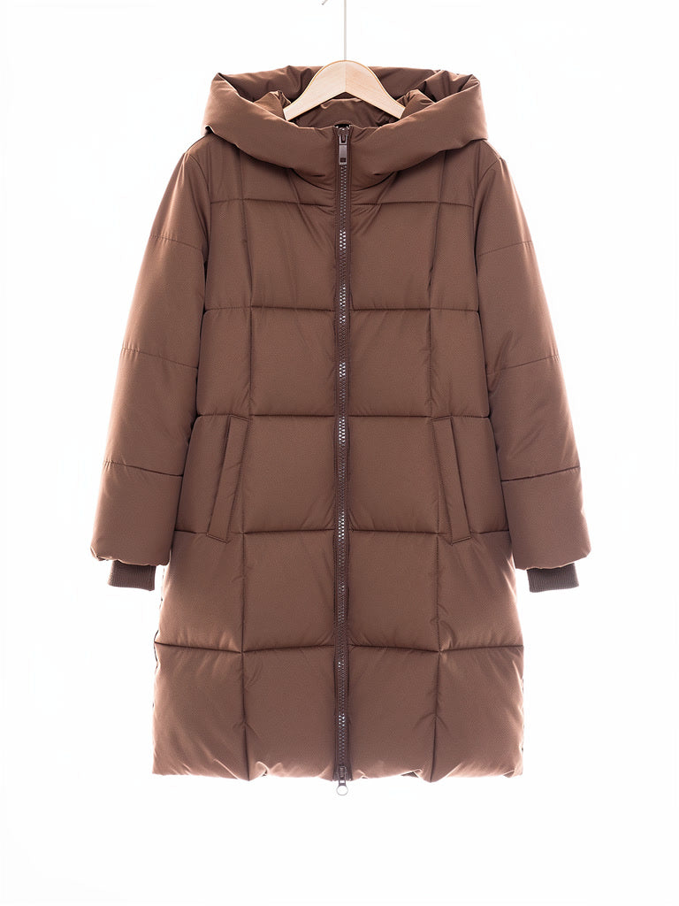 Brown puffer coat in Cocoa Brown on a hanger, front view showing the large box quilting
