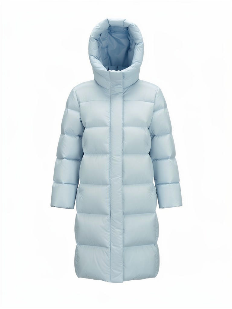 Long puffer coat in Ice Blue, hooded, front view