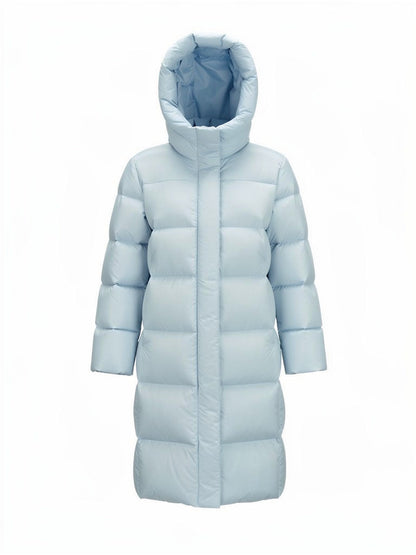 Long puffer coat in Ice Blue, hooded, front view
