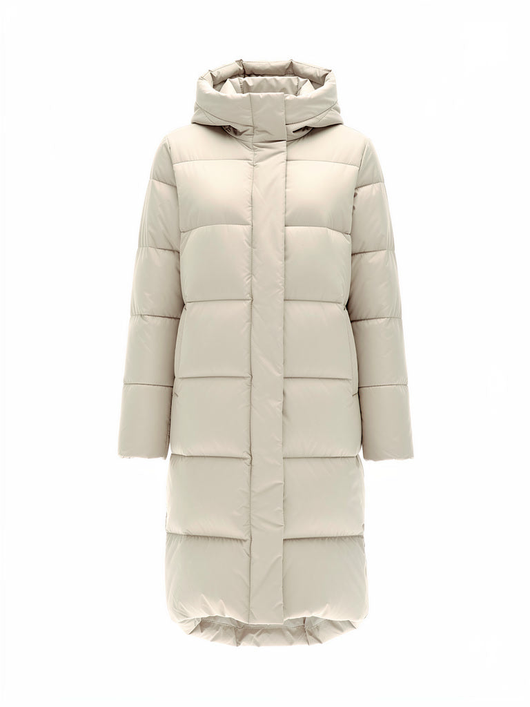 Long puffer coat in Parchment, hooded, front view