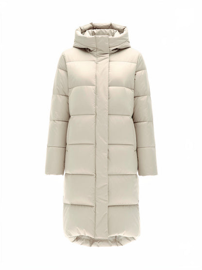 Long puffer coat in Parchment, hooded, front view