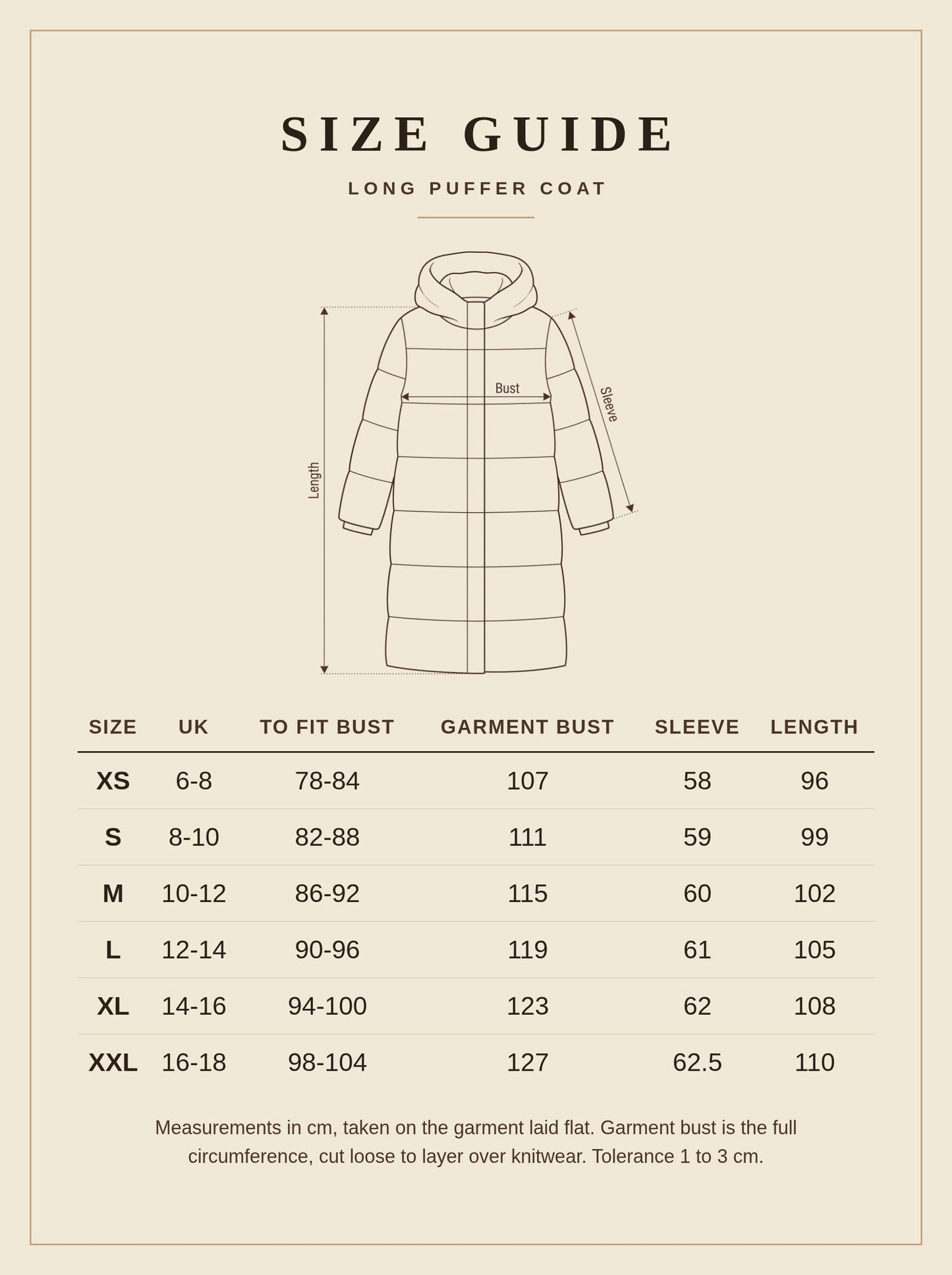 Long puffer coat size guide with measurements in centimetres