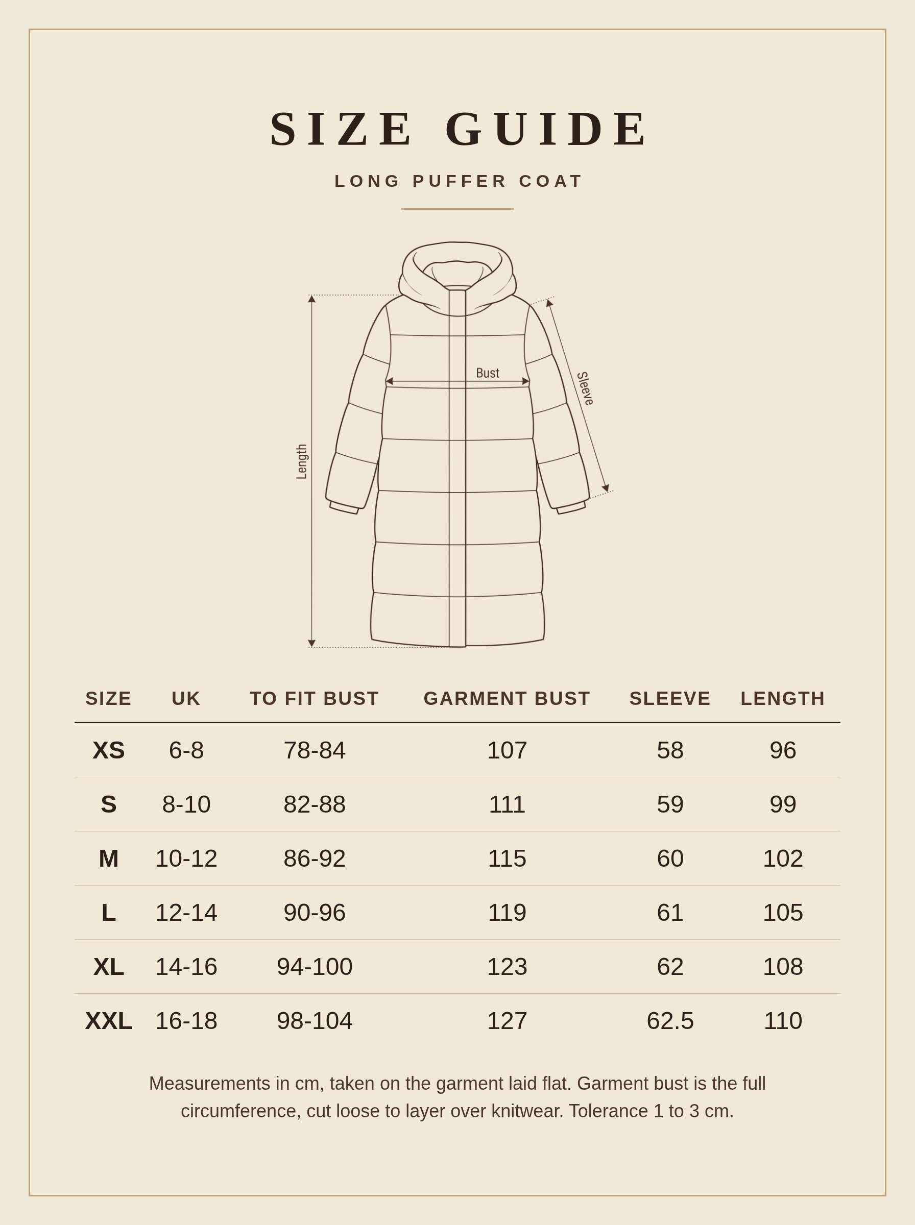 Long puffer coat size guide with measurements in centimetres