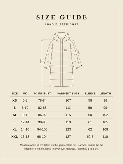 Long puffer coat size guide with measurements in centimetres