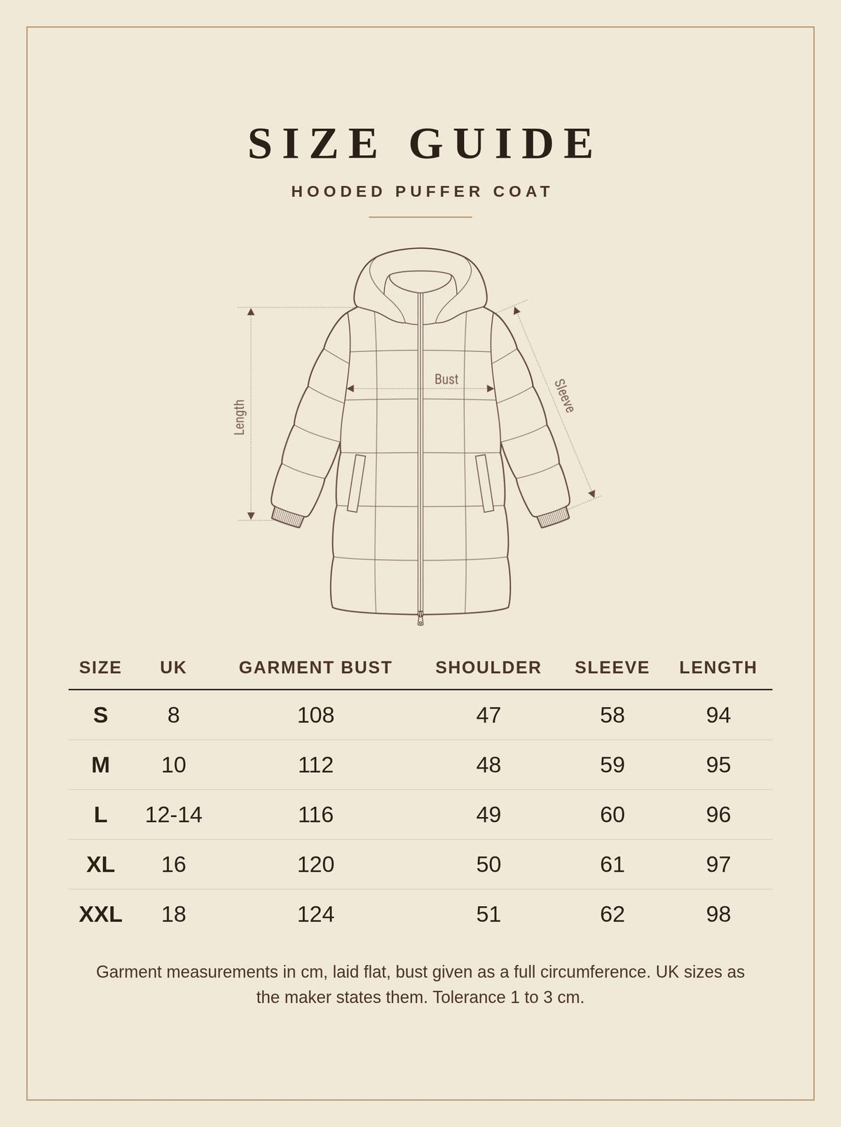 Brown puffer coat size guide with measurements in centimetres