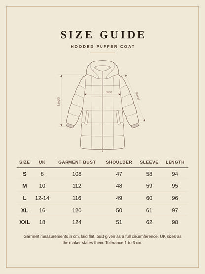 Brown puffer coat size guide with measurements in centimetres