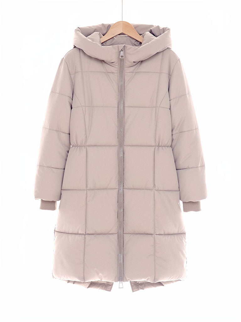 Long puffer coat in Stone on a hanger, hooded, front view