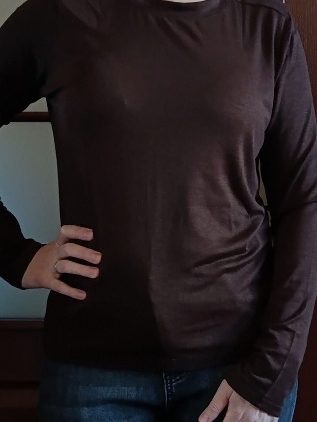 Womens long sleeve top in espresso lyocell jersey, worn with jeans