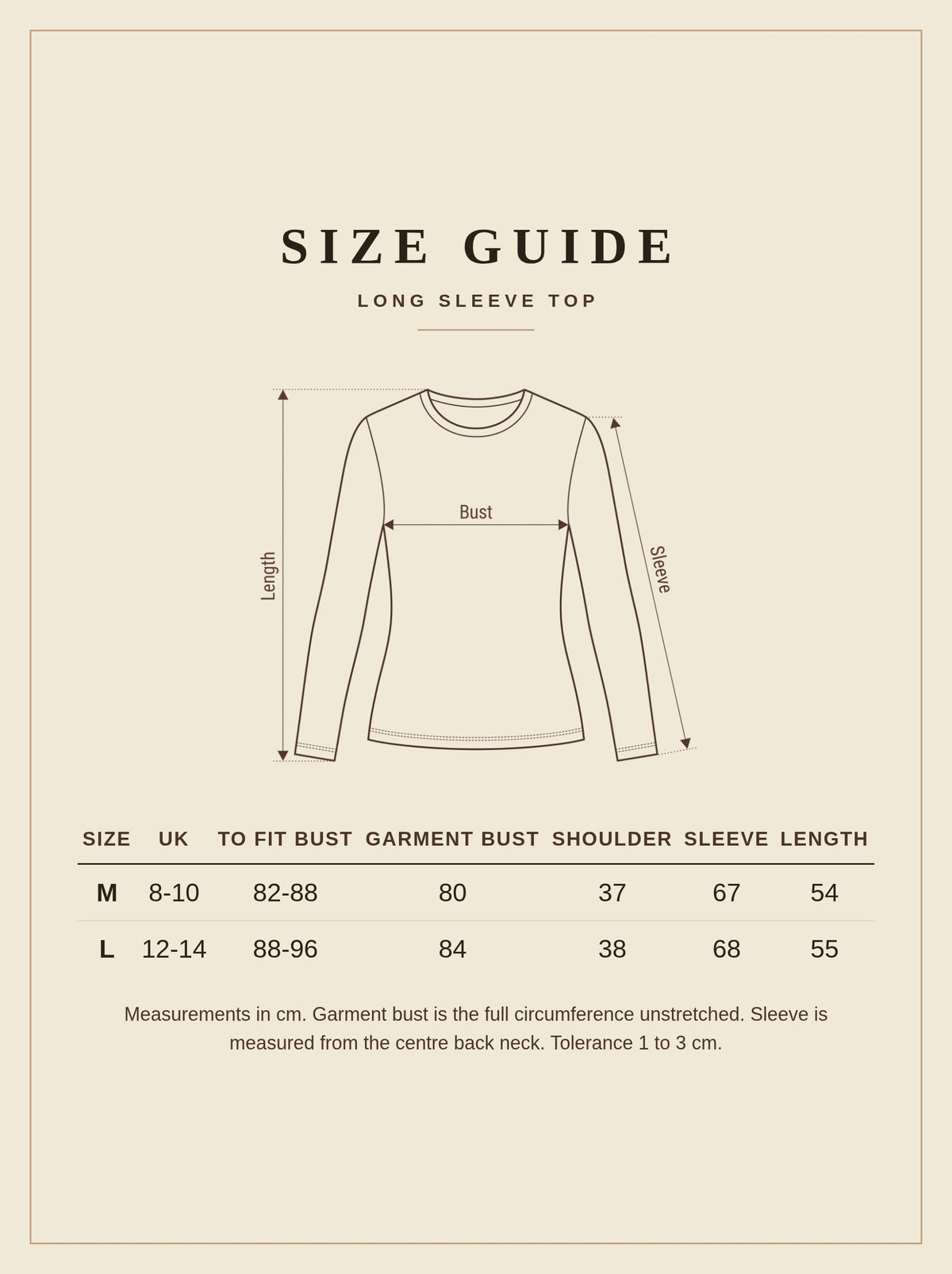 Long sleeve top size guide, UK 8 to 14 measurements in centimetres