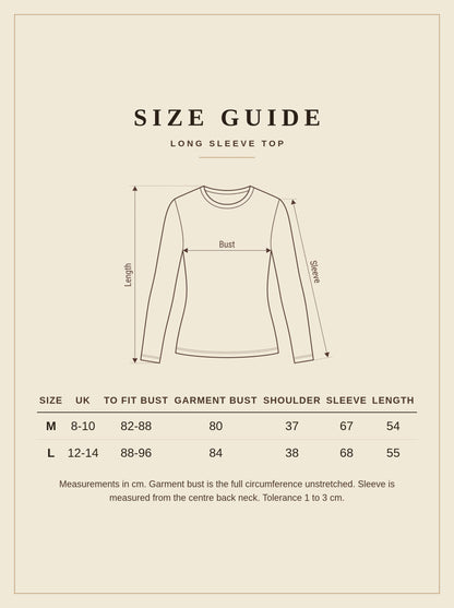 Long sleeve top size guide, UK 8 to 14 measurements in centimetres
