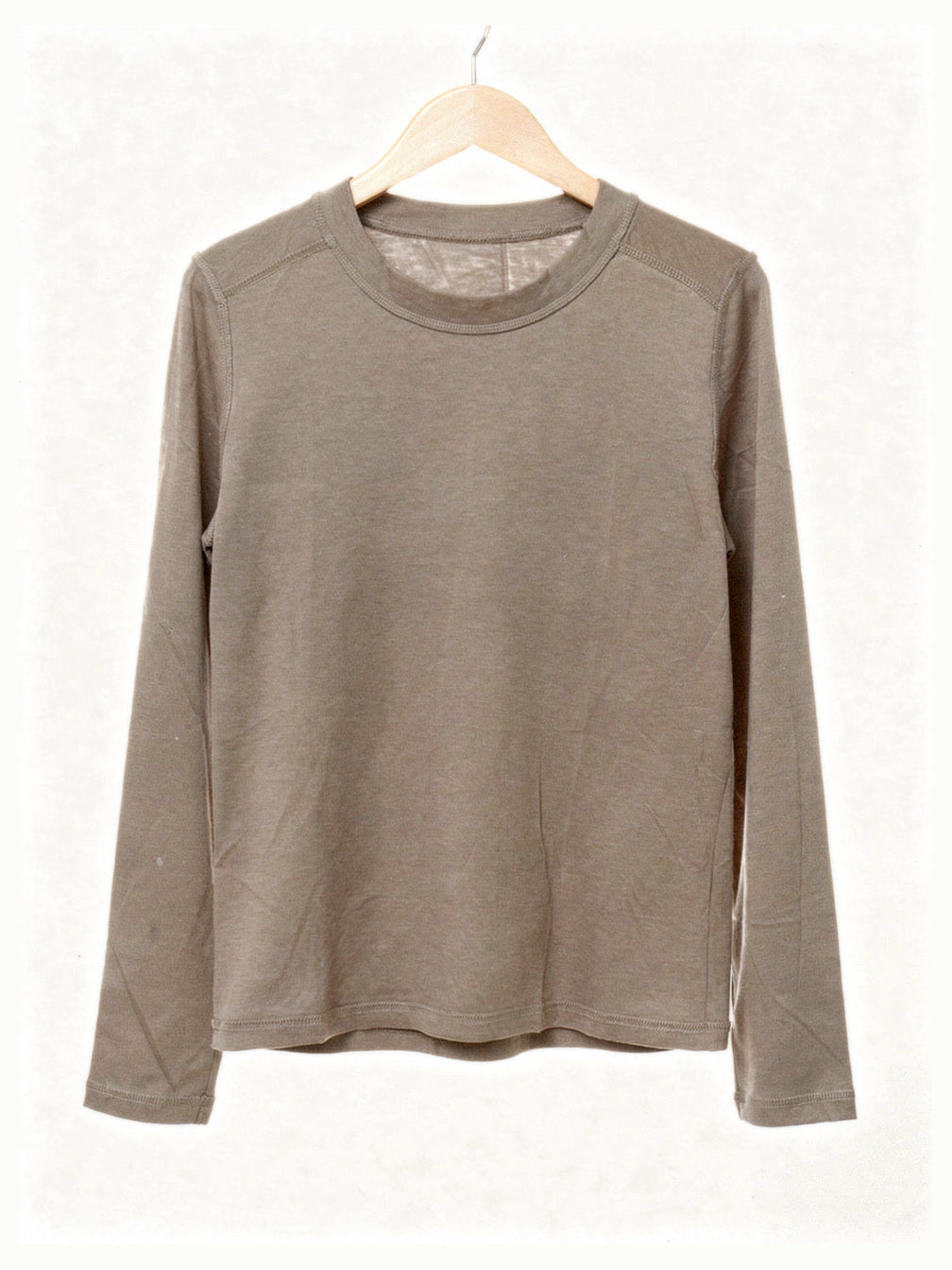 Taupe long sleeve top in smooth lyocell jersey, front view on a hanger