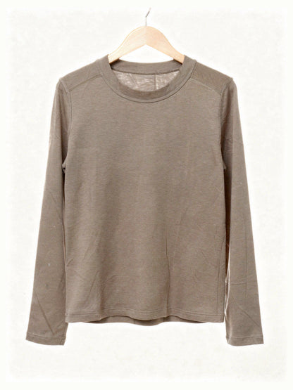 Taupe long sleeve top in smooth lyocell jersey, front view on a hanger