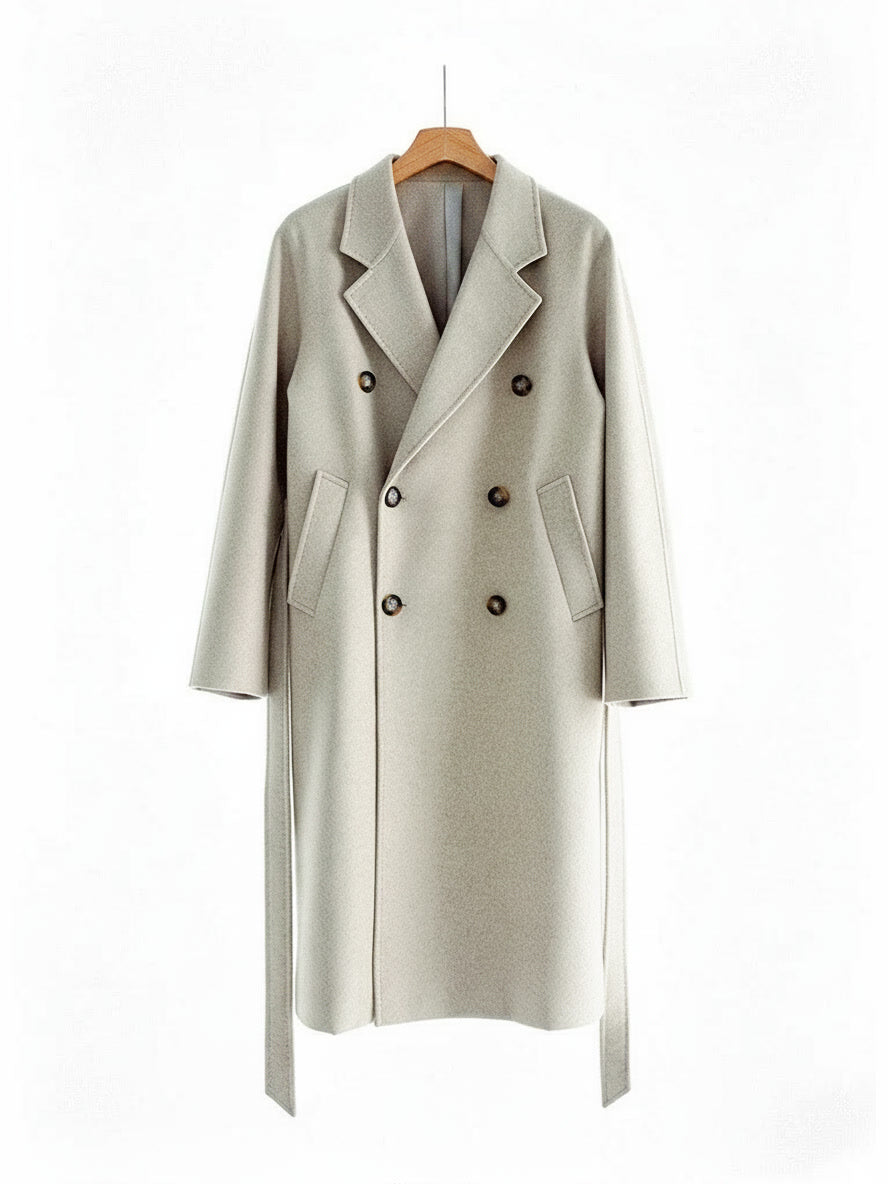Long wool coat in Oatmeal on a hanger, double breasted with six horn buttons, slanted welt pockets and a self tie belt