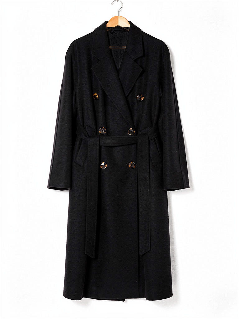 Long wool coat in Raven on a hanger, double breasted with six buttons and a self tie belt across the waist