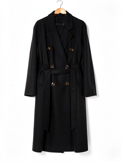 Long wool coat in Raven on a hanger, double breasted with six buttons and a self tie belt across the waist