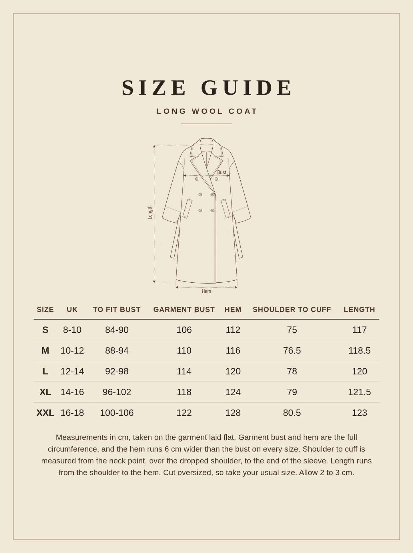 Size guide for the long wool coat, sizes S to XXL with UK sizes, bust, hem, shoulder to cuff and length in cm