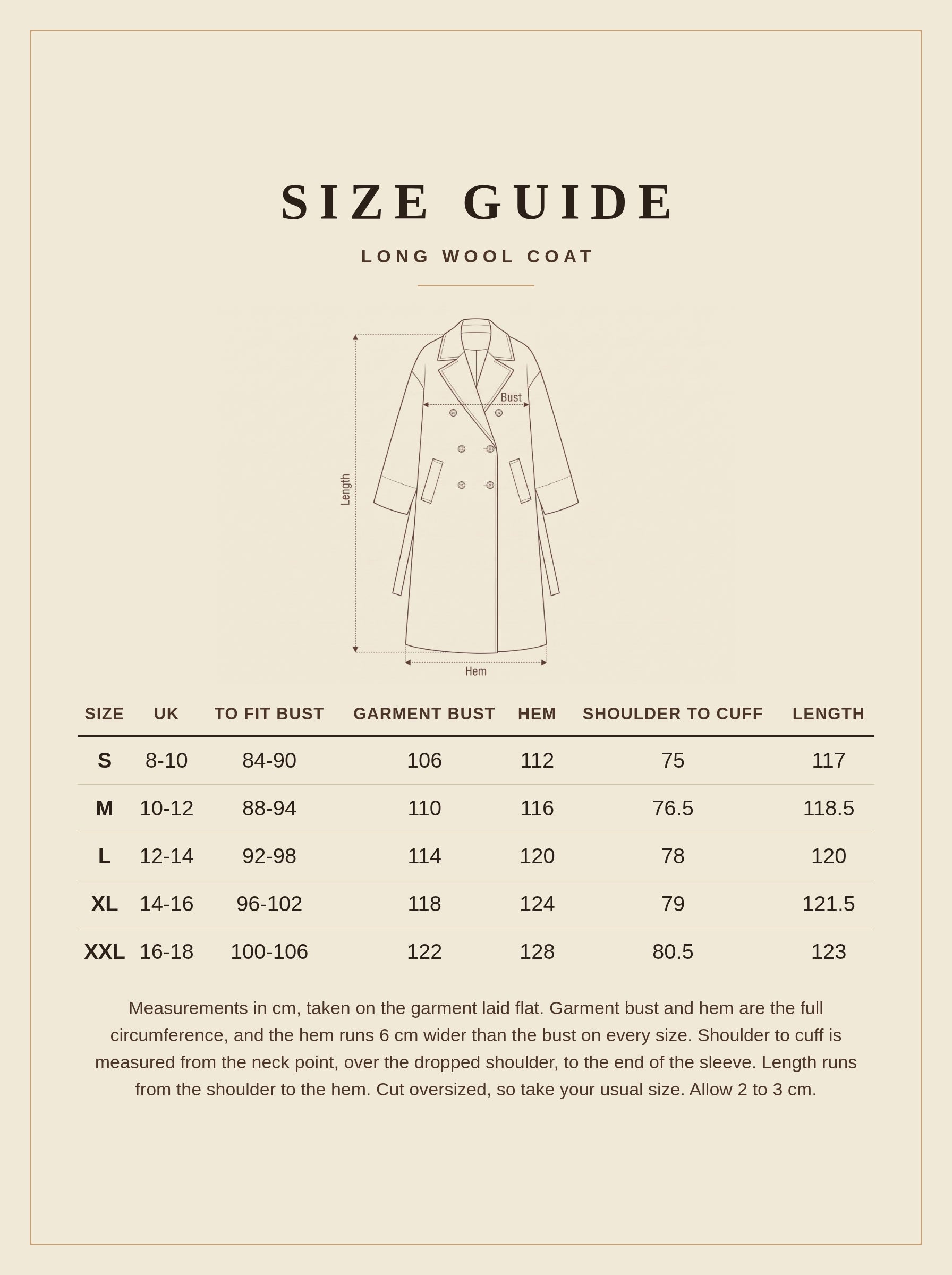 Size guide for the long wool coat, sizes S to XXL with UK sizes, bust, hem, shoulder to cuff and length in cm