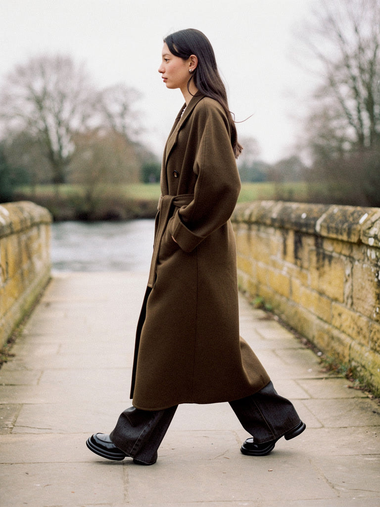 Long wool coat in Treacle worn belted, side view on an old stone bridge, hem falling to mid calf