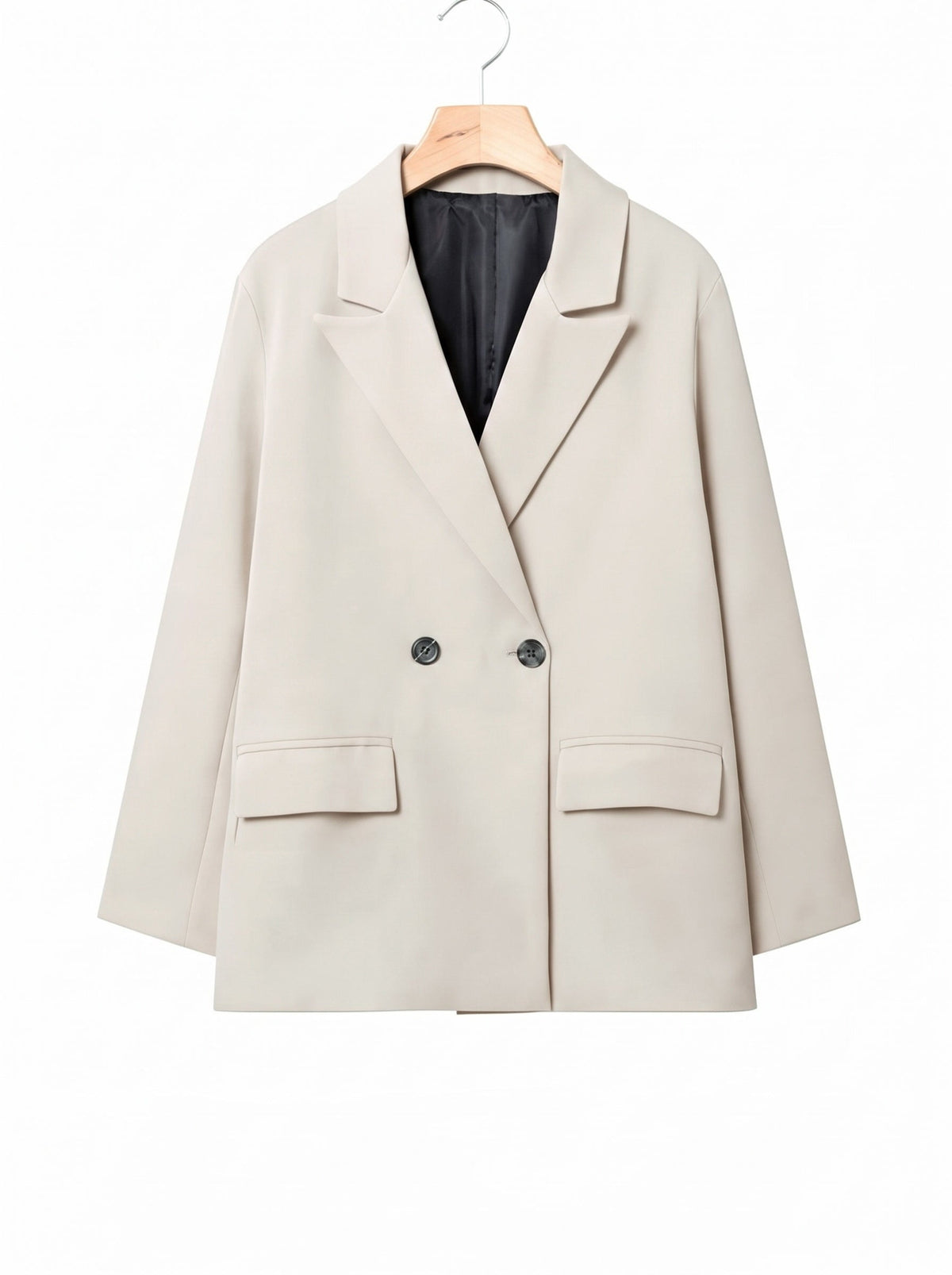 Longline blazer in Plaster cream, front view on a hanger