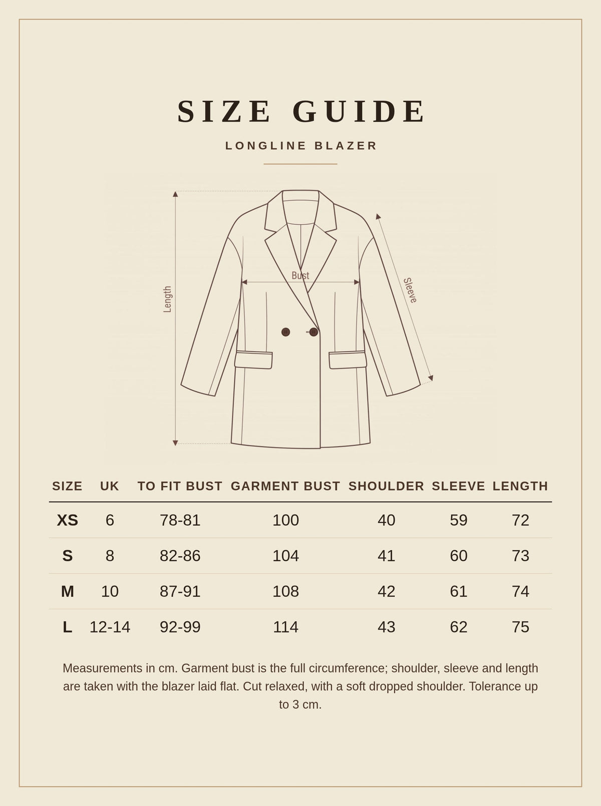 Longline blazer size guide with measurements in centimetres, UK 6 to 14