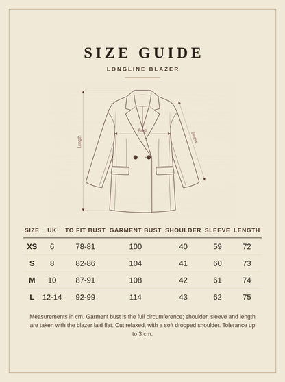 Longline blazer size guide with measurements in centimetres, UK 6 to 14