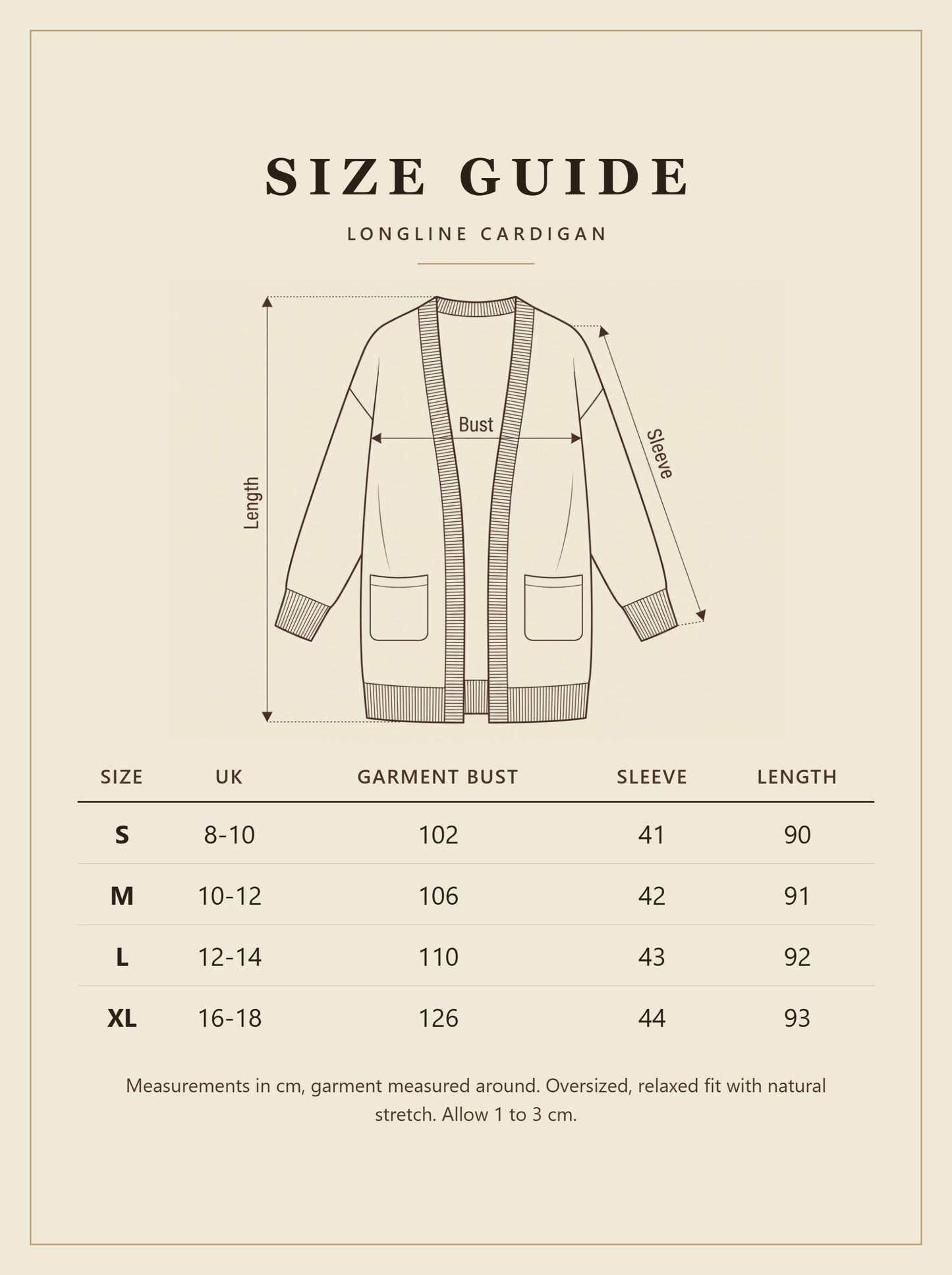 Longline cardigan size guide with UK sizes and measurements in cm