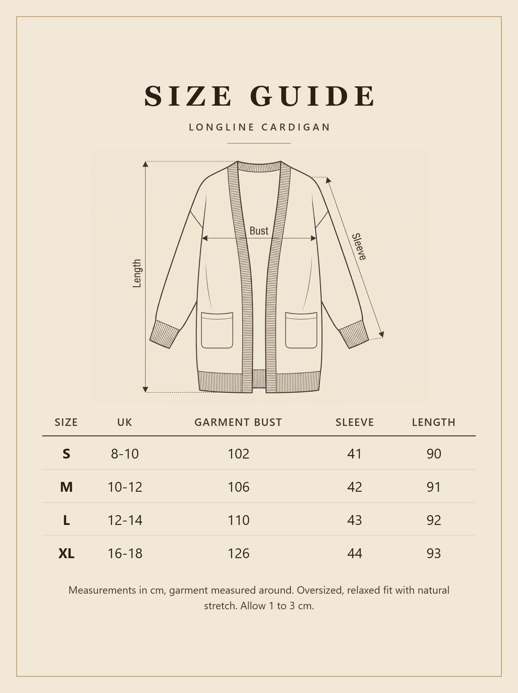 Longline cardigan size guide with UK sizes and measurements in cm