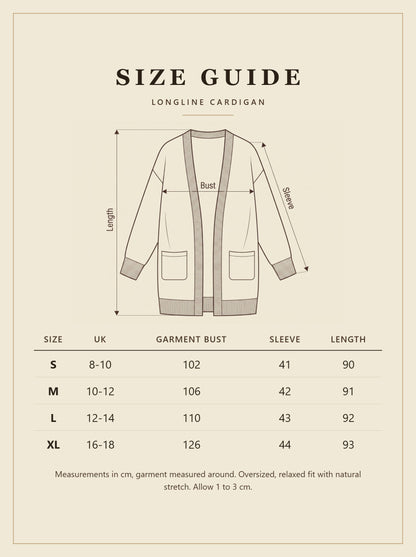 Longline cardigan size guide with UK sizes and measurements in cm