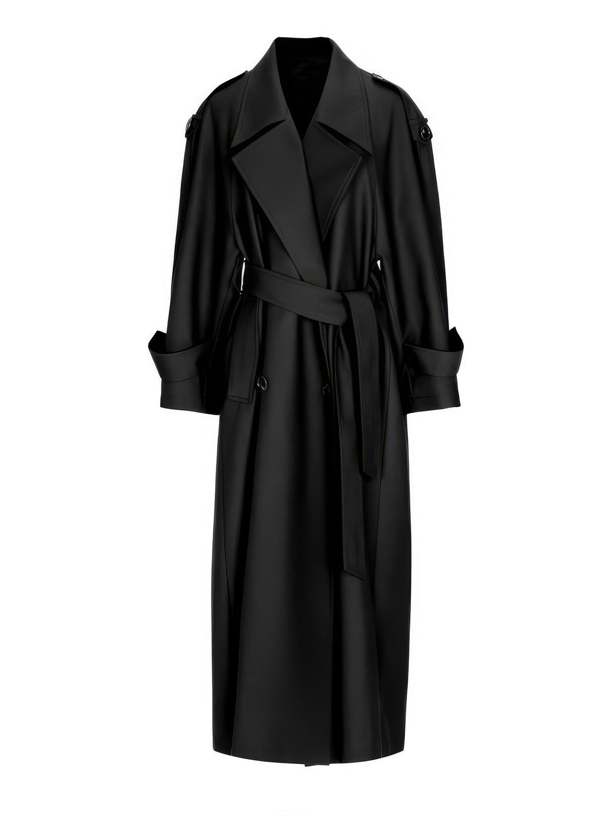 Longline trench coat in Black, full length front view on an invisible mannequin