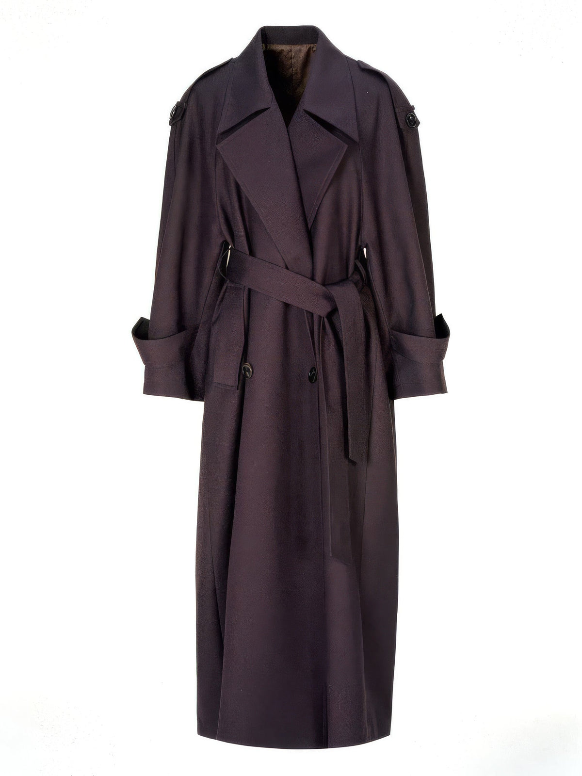 Longline trench coat in Damson, full length front view on an invisible mannequin