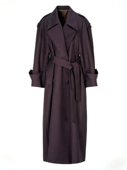 Longline trench coat in Damson, full length front view on an invisible mannequin