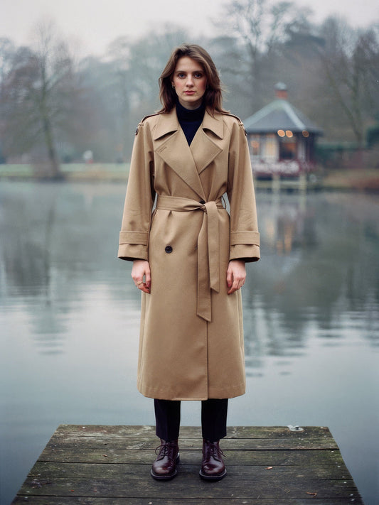 Longline trench coat in Fawn worn open on a lakeside jetty, full length