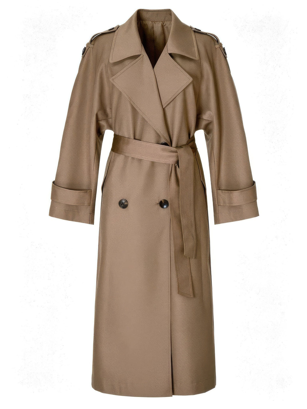 Longline trench coat in Fawn, full length front view on an invisible mannequin