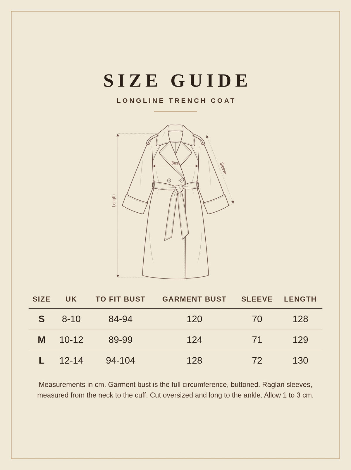 Size guide for the longline trench coat, sizes S to L in centimetres