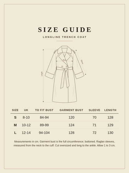 Size guide for the longline trench coat, sizes S to L in centimetres