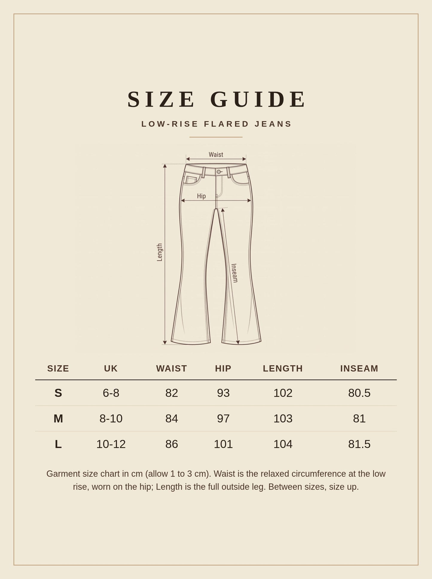 Size guide for the Foxton low-rise flared jeans with waist, hip, length and inseam in cm