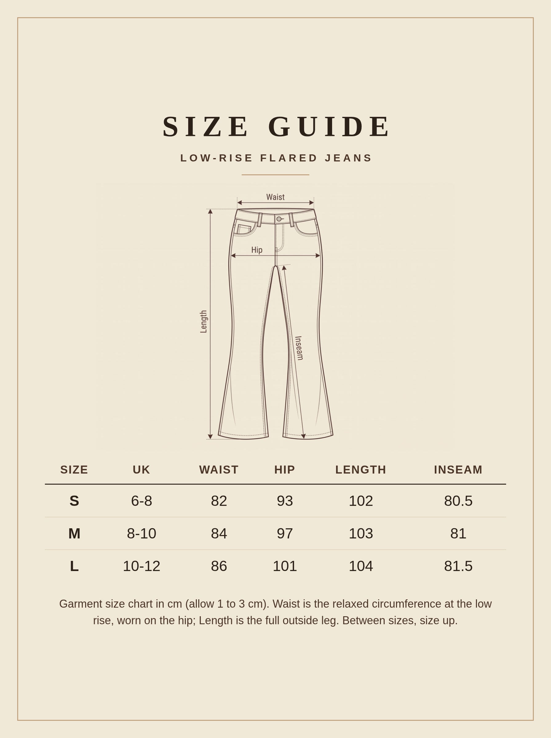 Size guide for the Foxton low-rise flared jeans with waist, hip, length and inseam in cm