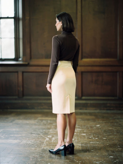 Pencil skirt in Magnolia seen from the back, showing the centre back vent, Aylworth by Harlbury